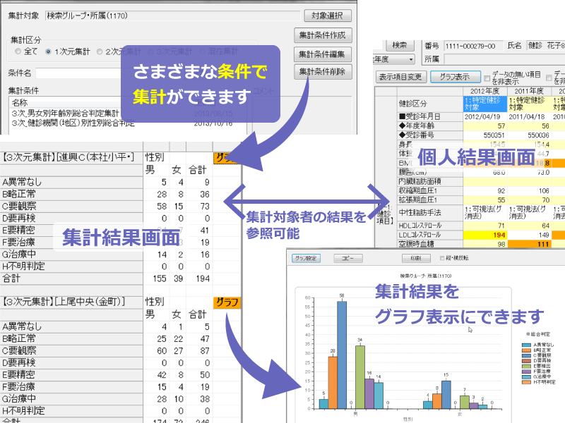 さまざまな条件で集計ができ、グラフ表示にもできます。